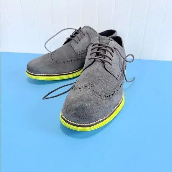 Cole Haan Grand.OS gray Suede Wingtips Yellow Sole Shoes Men's 9 1/2 M - Picture 5 of 17